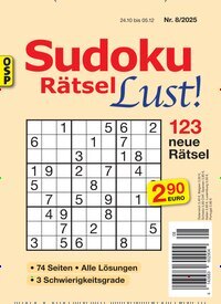 Titelbild der Ausgabe 8/2025 von Sudoku Rätsel Lust. Diese Zeitschrift und viele weitere Groschenromane und Rätselhefte als Abo oder epaper bei United Kiosk online kaufen.