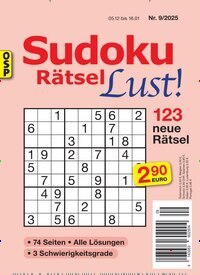 Titelbild der Ausgabe 9/2025 von Sudoku Rätsel Lust. Diese Zeitschrift und viele weitere Groschenromane und Rätselhefte als Abo oder epaper bei United Kiosk online kaufen.