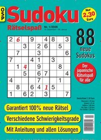 Titelbild der Ausgabe 1/2026 von Sudoku Rätselspaß. Diese Zeitschrift und viele weitere Groschenromane und Rätselhefte als Abo oder epaper bei United Kiosk online kaufen.