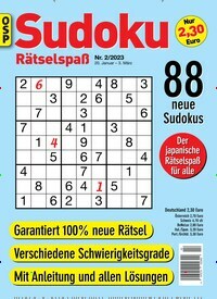 Titelbild der Ausgabe 2/2023 von Sudoku Rätselspaß. Diese Zeitschrift und viele weitere Groschenromane und Rätselhefte als Abo oder epaper bei United Kiosk online kaufen.