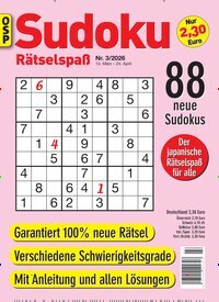 Titelbild der Ausgabe 3/2026 von Sudoku Rätselspaß. Diese Zeitschrift und viele weitere Groschenromane und Rätselhefte als Abo oder epaper bei United Kiosk online kaufen.