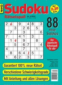 Titelbild der Ausgabe 4/2024 von Sudoku Rätselspaß. Diese Zeitschrift und viele weitere Groschenromane und Rätselhefte als Abo oder epaper bei United Kiosk online kaufen.