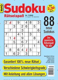 Titelbild der Ausgabe 7/2025 von Sudoku Rätselspaß. Diese Zeitschrift und viele weitere Groschenromane und Rätselhefte als Abo oder epaper bei United Kiosk online kaufen.