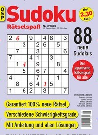 Titelbild der Ausgabe 8/2023 von Sudoku Rätselspaß. Diese Zeitschrift und viele weitere Groschenromane und Rätselhefte als Abo oder epaper bei United Kiosk online kaufen.