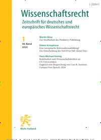 Titelbild der Ausgabe 1/2025 von Wissenschaftsrecht (WissR). Diese Zeitschrift und viele weitere Jurazeitschriften und Zeitschriften für Verwaltung als Abo oder epaper bei United Kiosk online kaufen.