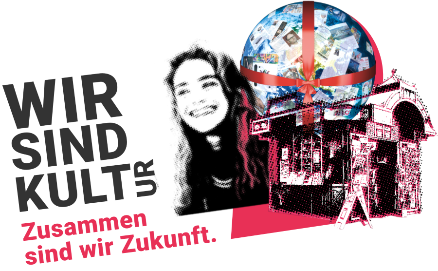 Abstrakte Grafik mit einem klassischen Kiosk, einer Weltkugel und einer jungen Leserin. United Kiosk ist Kultur. Zusammen sind wir Zukunft.