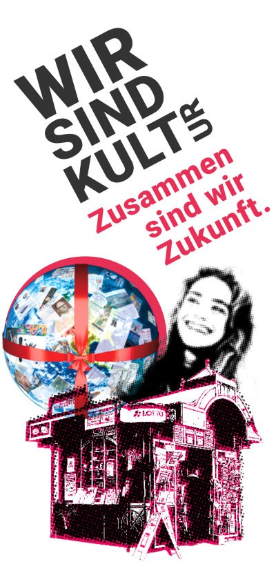 Abstrakte Grafik mit einem klassischen Kiosk, einer Weltkugel und einer jungen Leserin. United Kiosk ist Kultur. Zusammen sind wir Zukunft.